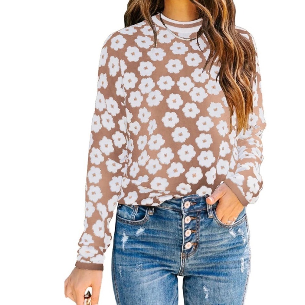 PRETTYGARDEN Tan White Floral Daisy Knit Pullover Sweater Womens Medium Striped